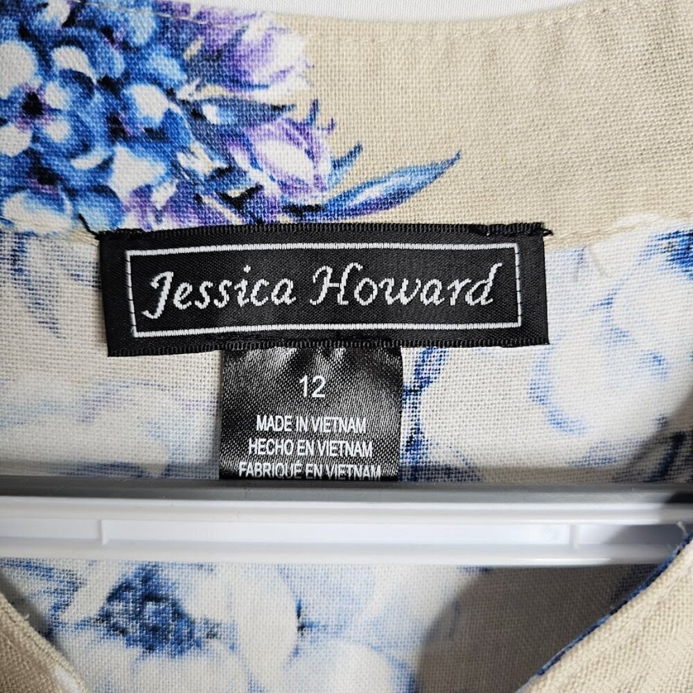JESSICA HOWARD Linen Dress size 12 TAN BLUE FLORAL Summer Sleeveless V-Neck Cute - Picture 5 of 8